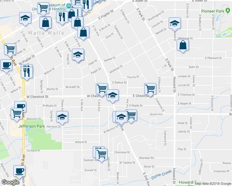 map of restaurants, bars, coffee shops, grocery stores, and more near 11 East Chestnut Street in Walla Walla