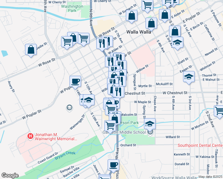 map of restaurants, bars, coffee shops, grocery stores, and more near 402 South 10th Avenue in Walla Walla