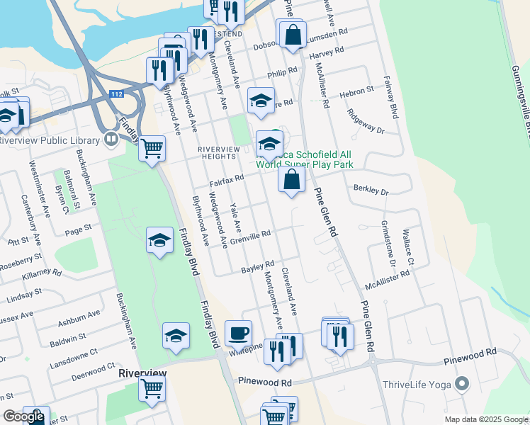 map of restaurants, bars, coffee shops, grocery stores, and more near 605 Cleveland Avenue in Riverview