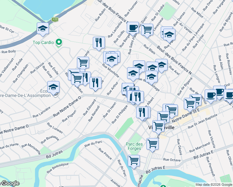 map of restaurants, bars, coffee shops, grocery stores, and more near 2 B Rue Saint-Pierre in Victoriaville