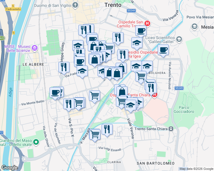 map of restaurants, bars, coffee shops, grocery stores, and more near 13 Via Pietro Asilo Pedrotti in Trento