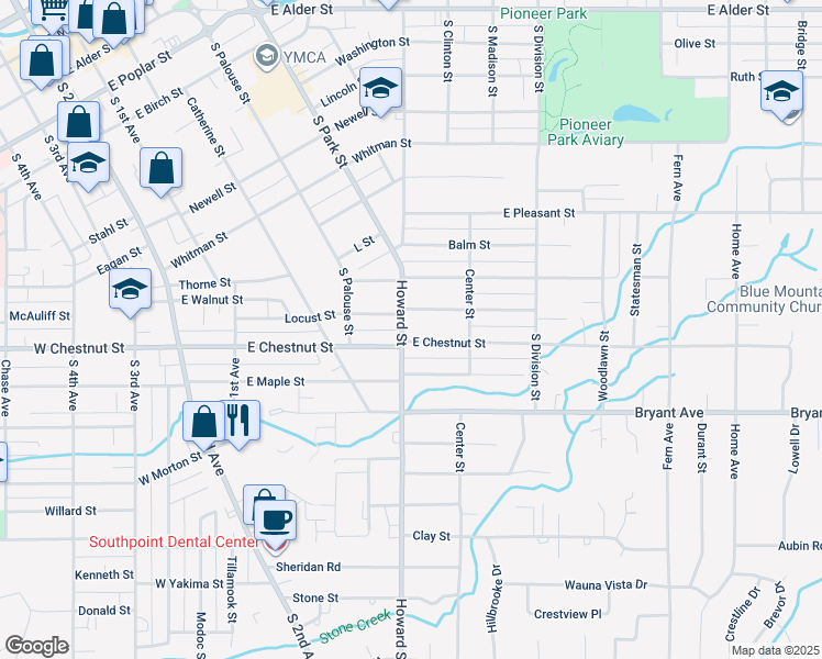 map of restaurants, bars, coffee shops, grocery stores, and more near 1011 Howard Street in Walla Walla