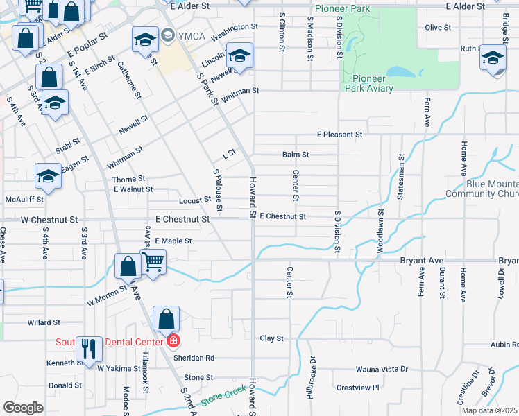 map of restaurants, bars, coffee shops, grocery stores, and more near 1011 Howard Street in Walla Walla