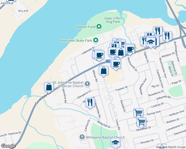 map of restaurants, bars, coffee shops, grocery stores, and more near in Riverview