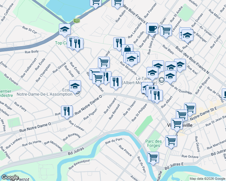 map of restaurants, bars, coffee shops, grocery stores, and more near 1 Rue Alice in Victoriaville