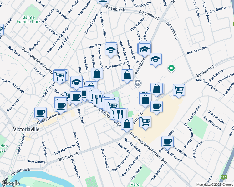 map of restaurants, bars, coffee shops, grocery stores, and more near 6 Rue de l'Exposition in Victoriaville