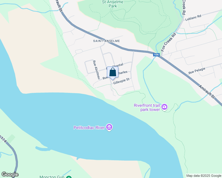 map of restaurants, bars, coffee shops, grocery stores, and more near 96 Gillespie Street in Dieppe