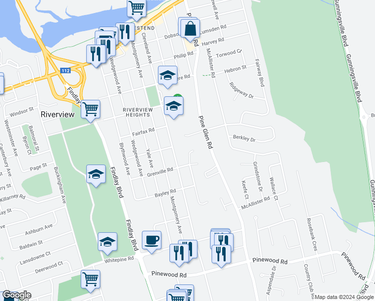 map of restaurants, bars, coffee shops, grocery stores, and more near 15 Harvard Court in Riverview
