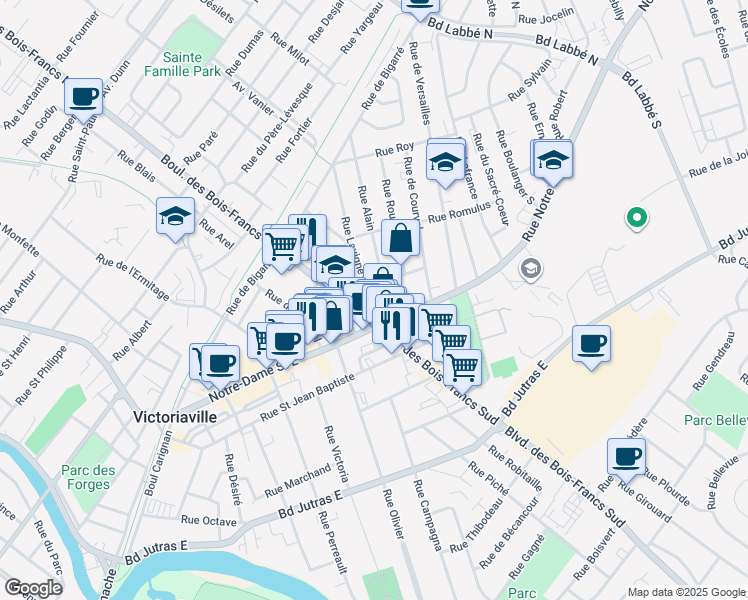 map of restaurants, bars, coffee shops, grocery stores, and more near 9 Rue Lavigne in Victoriaville