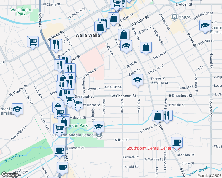 map of restaurants, bars, coffee shops, grocery stores, and more near 239 McAuliff Street in Walla Walla