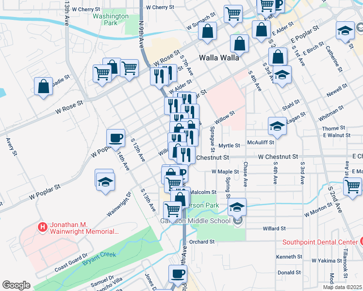 map of restaurants, bars, coffee shops, grocery stores, and more near 402 South 10th Avenue in Walla Walla