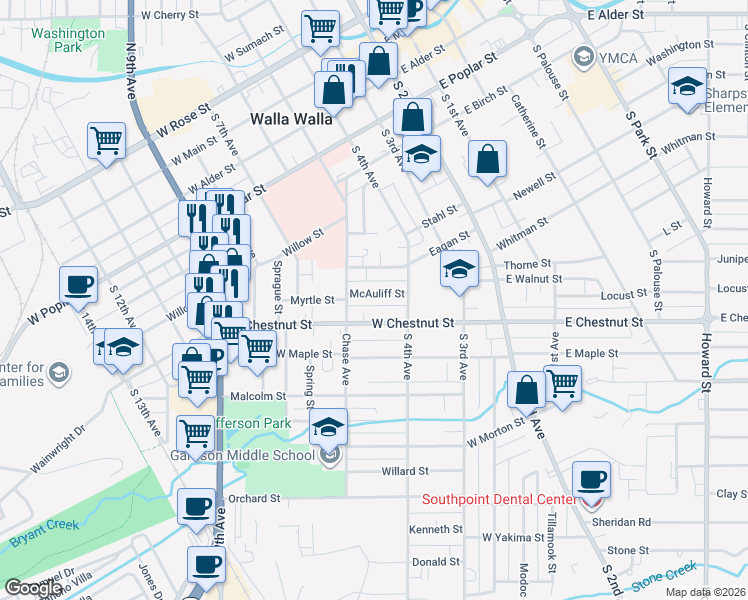map of restaurants, bars, coffee shops, grocery stores, and more near 239 McAuliff Street in Walla Walla