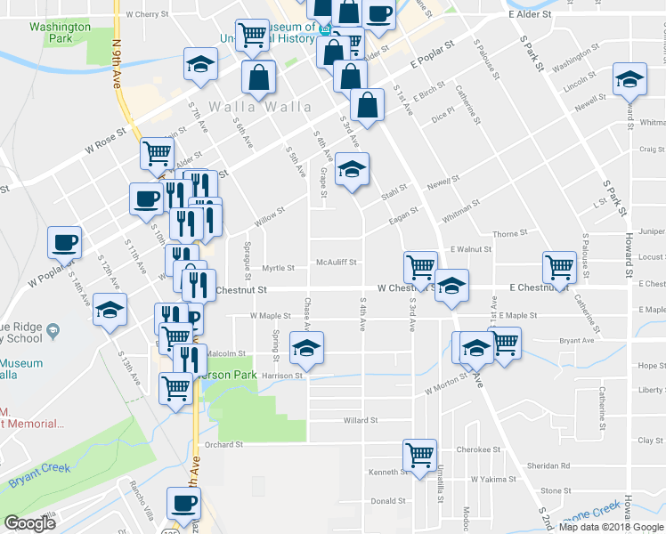 map of restaurants, bars, coffee shops, grocery stores, and more near 239 McAuliff Street in Walla Walla