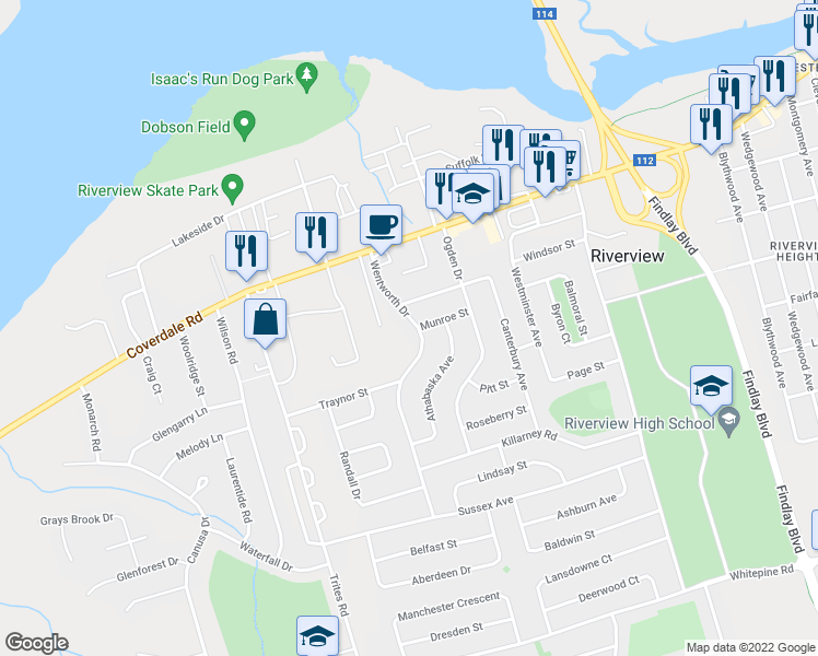 map of restaurants, bars, coffee shops, grocery stores, and more near 45 Wentworth Drive in Riverview