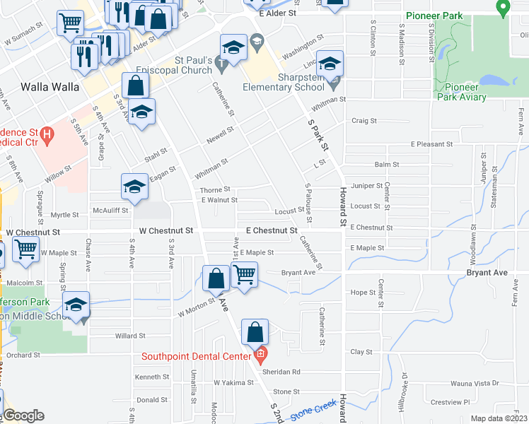 map of restaurants, bars, coffee shops, grocery stores, and more near in Walla Walla