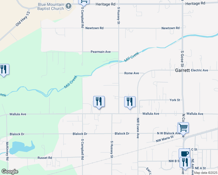 map of restaurants, bars, coffee shops, grocery stores, and more near 574 Hussey Street in Walla Walla
