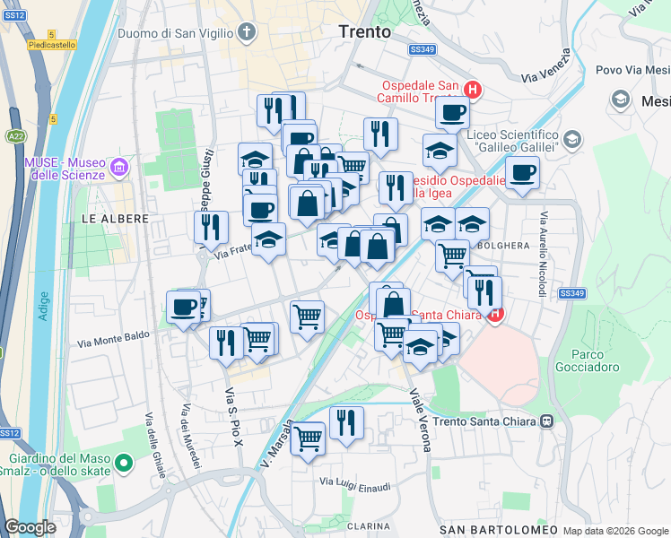 map of restaurants, bars, coffee shops, grocery stores, and more near 13 Via Pietro Asilo Pedrotti in Trento