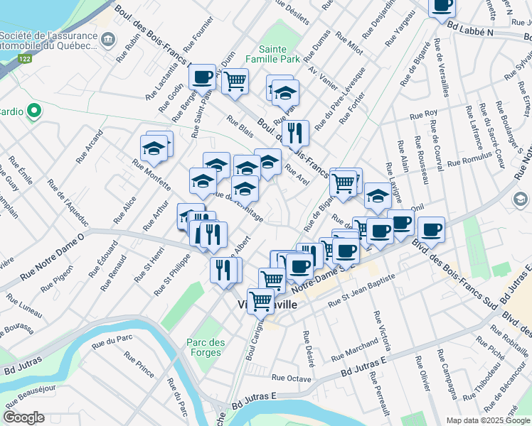 map of restaurants, bars, coffee shops, grocery stores, and more near 42 Rue Albert in Victoriaville