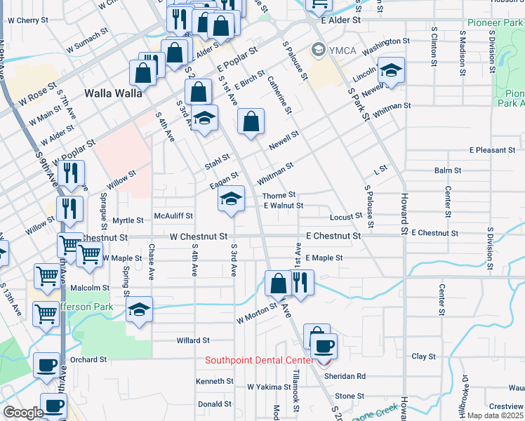 map of restaurants, bars, coffee shops, grocery stores, and more near 11 East Chestnut Street in Walla Walla