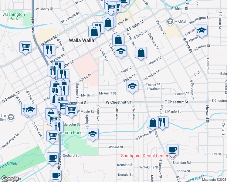 map of restaurants, bars, coffee shops, grocery stores, and more near 444 South 4th Avenue in Walla Walla