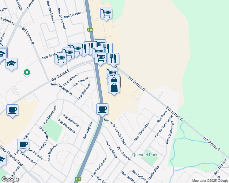 map of restaurants, bars, coffee shops, grocery stores, and more near 1111 Boulevard Jutras Est in Victoriaville