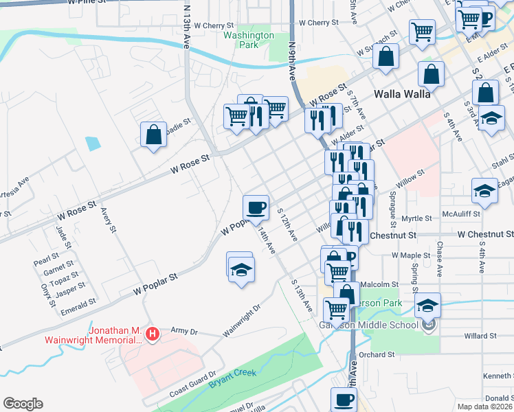 map of restaurants, bars, coffee shops, grocery stores, and more near 406 South 14th Avenue in Walla Walla