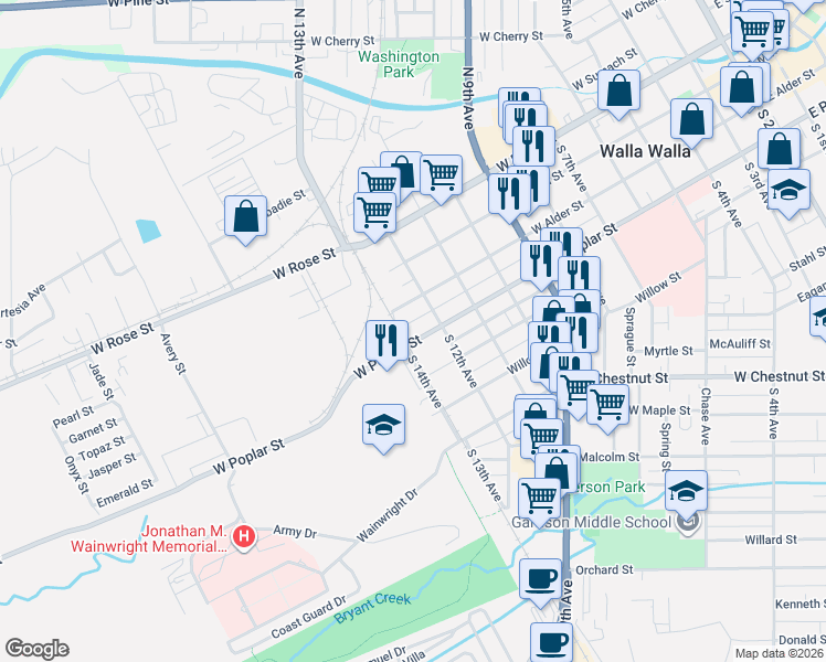 map of restaurants, bars, coffee shops, grocery stores, and more near 406 South 14th Avenue in Walla Walla