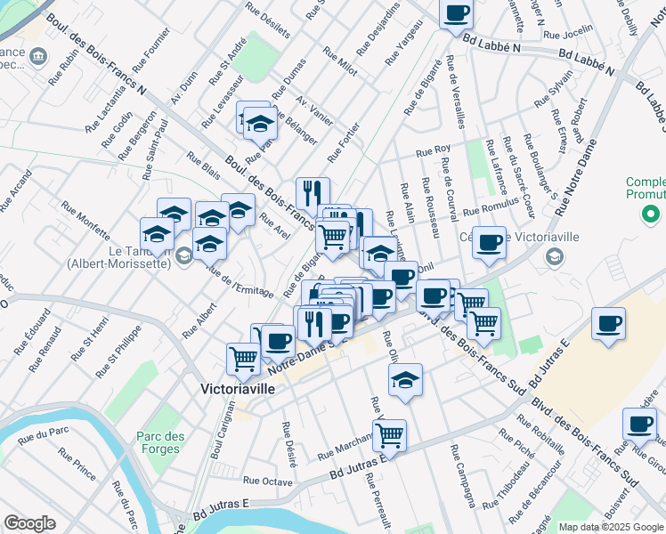map of restaurants, bars, coffee shops, grocery stores, and more near 98 Boulevard des Bois-Francs Nord in Victoriaville