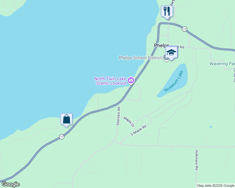 map of restaurants, bars, coffee shops, grocery stores, and more near 2390 Wisconsin 17 in Phelps