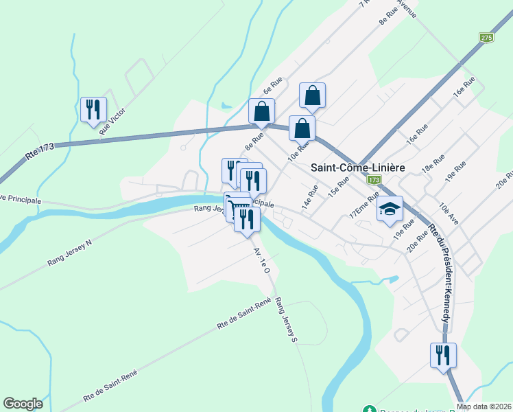 map of restaurants, bars, coffee shops, grocery stores, and more near 1280 Rue Principale in Saint-Côme-Linière