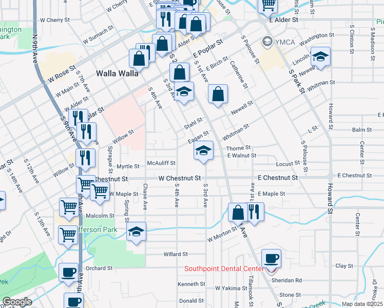 map of restaurants, bars, coffee shops, grocery stores, and more near 502 South 3rd Avenue in Walla Walla