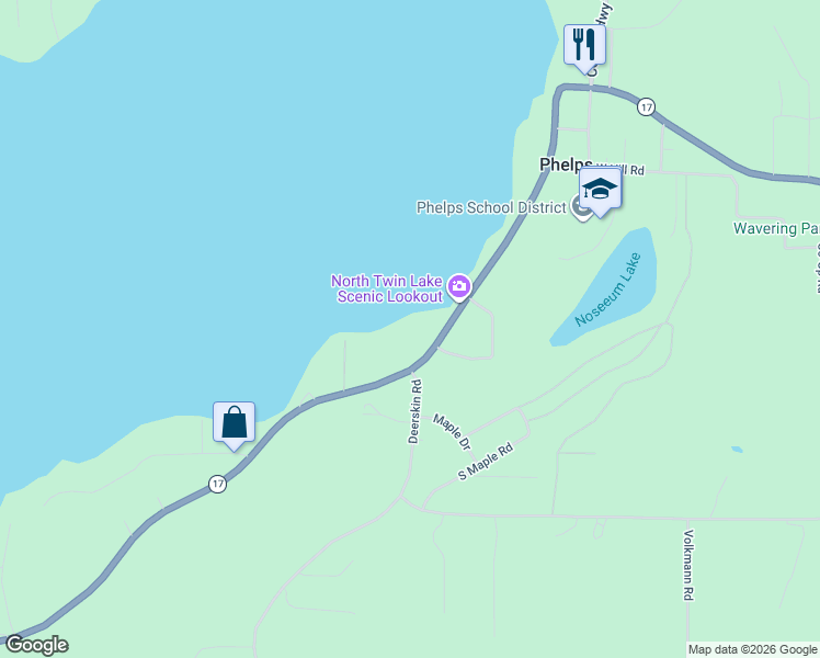 map of restaurants, bars, coffee shops, grocery stores, and more near 2390 Wisconsin 17 in Phelps