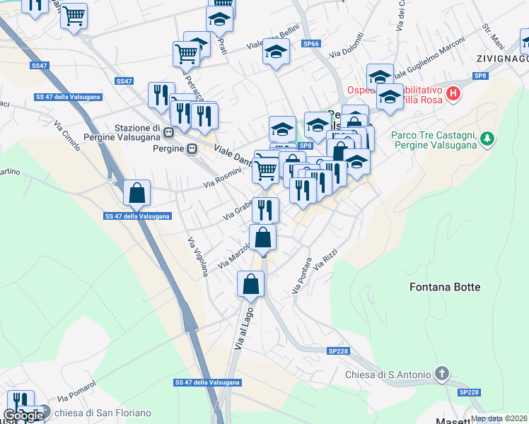 map of restaurants, bars, coffee shops, grocery stores, and more near 24 Viale Venezia in Pergine Valsugana