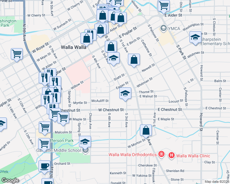map of restaurants, bars, coffee shops, grocery stores, and more near 128 Eagan Street in Walla Walla