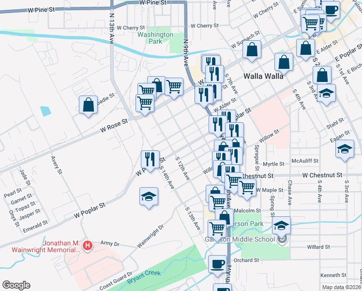 map of restaurants, bars, coffee shops, grocery stores, and more near 912 West Poplar Street in Walla Walla