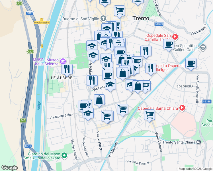 map of restaurants, bars, coffee shops, grocery stores, and more near 87 Via Fratelli Perini in Trento