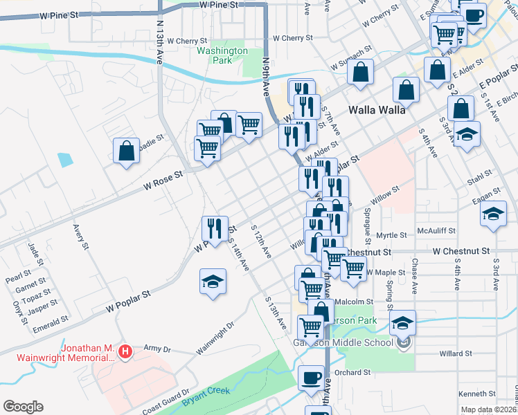 map of restaurants, bars, coffee shops, grocery stores, and more near 910 West Poplar Street in Walla Walla