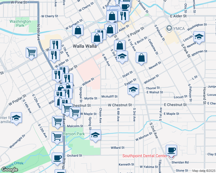 map of restaurants, bars, coffee shops, grocery stores, and more near 236 Eagan Street in Walla Walla