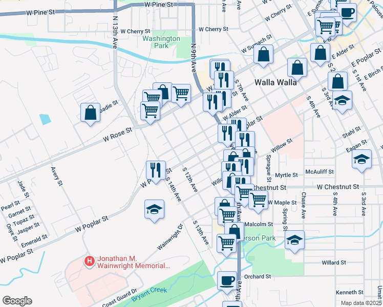 map of restaurants, bars, coffee shops, grocery stores, and more near 904 West Poplar Street in Walla Walla