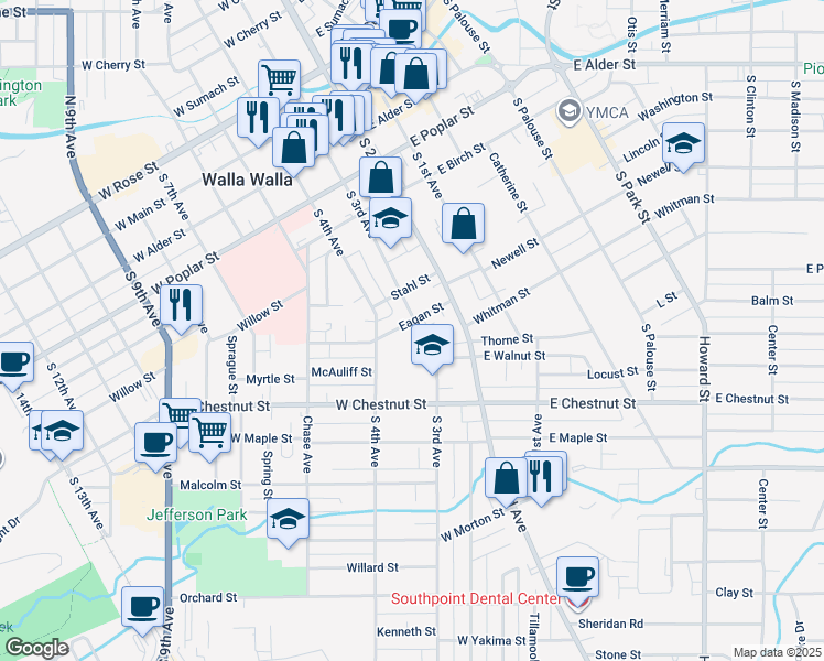 map of restaurants, bars, coffee shops, grocery stores, and more near 502 South 3rd Avenue in Walla Walla