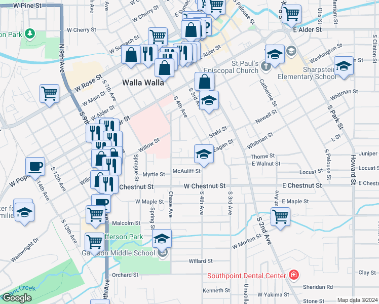 map of restaurants, bars, coffee shops, grocery stores, and more near 236 Eagan Street in Walla Walla