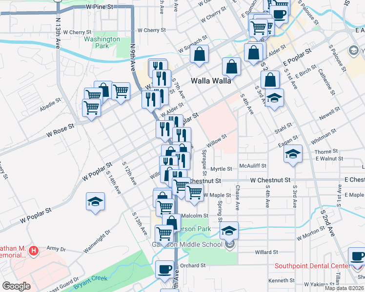 map of restaurants, bars, coffee shops, grocery stores, and more near 613 West Birch Street in Walla Walla