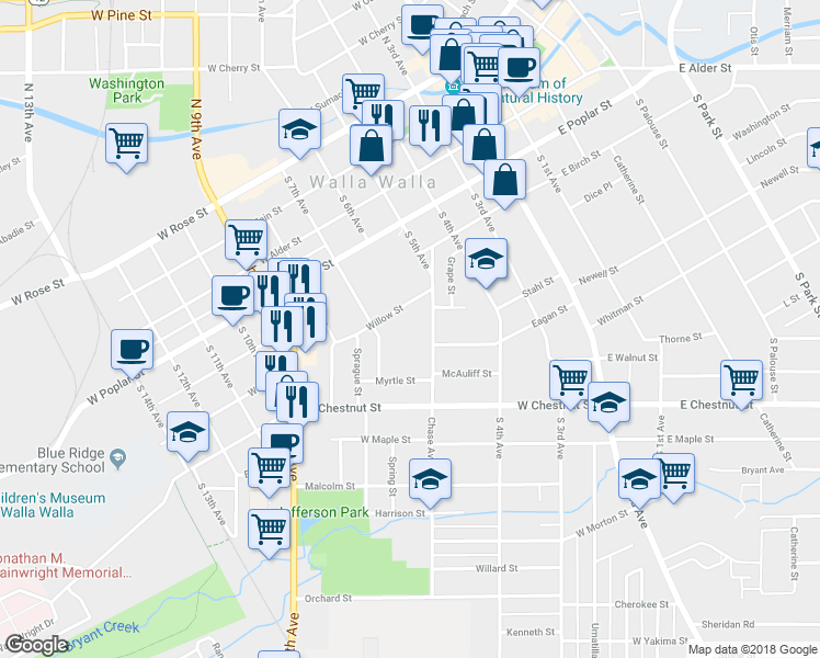 map of restaurants, bars, coffee shops, grocery stores, and more near 380 Chase Avenue in Walla Walla