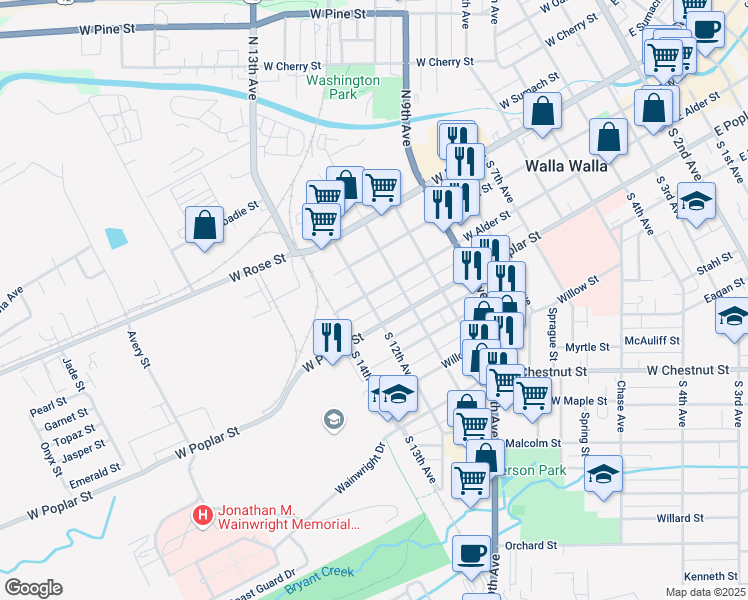map of restaurants, bars, coffee shops, grocery stores, and more near 927 West Alder Street in Walla Walla