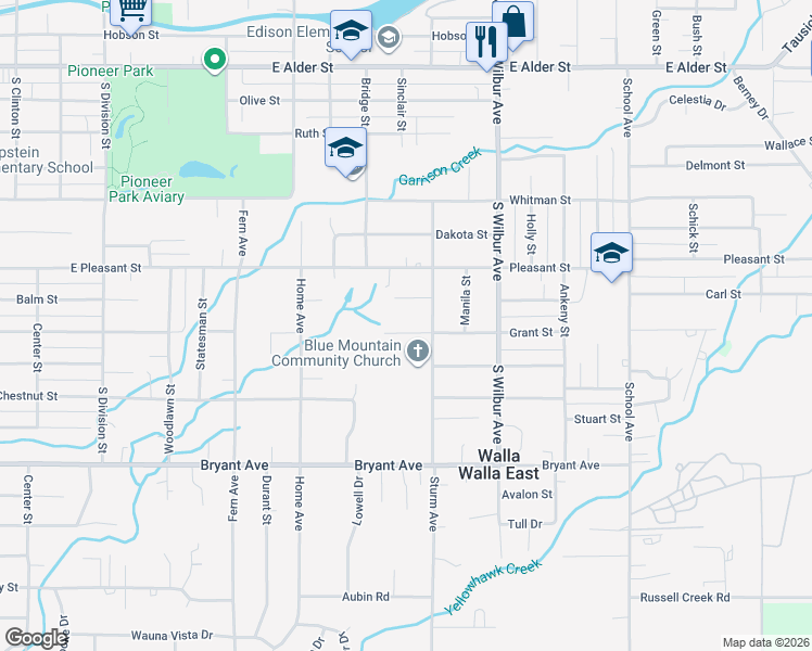 map of restaurants, bars, coffee shops, grocery stores, and more near 1237 Grant Street in Walla Walla