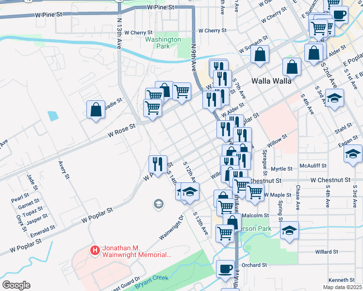 map of restaurants, bars, coffee shops, grocery stores, and more near 927 West Alder Street in Walla Walla