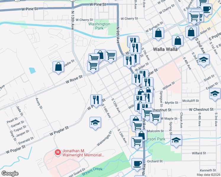 map of restaurants, bars, coffee shops, grocery stores, and more near 927 West Alder Street in Walla Walla
