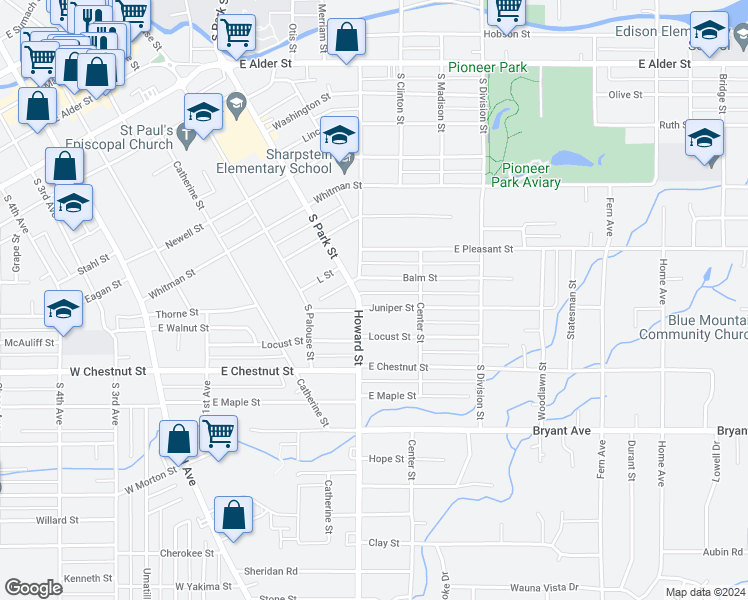 map of restaurants, bars, coffee shops, grocery stores, and more near 511 Juniper Street in Walla Walla