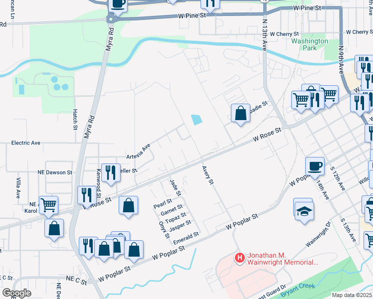 map of restaurants, bars, coffee shops, grocery stores, and more near 224 Bennett Street in Walla Walla