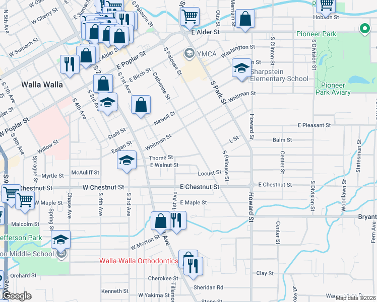 map of restaurants, bars, coffee shops, grocery stores, and more near 155 Thorne Street in Walla Walla